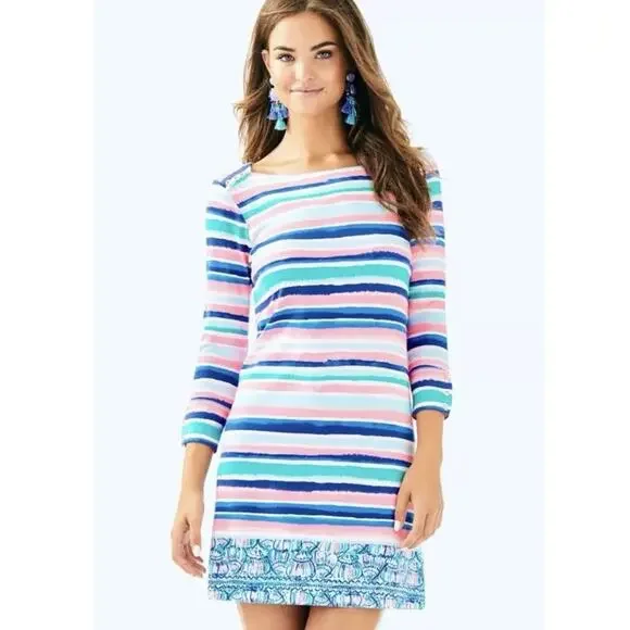 Lilly Pulitzer Sophie Shift Dress Sandy Shells 3/4 Sleeve Multi-Color Striped XS - Picture 3 of 16